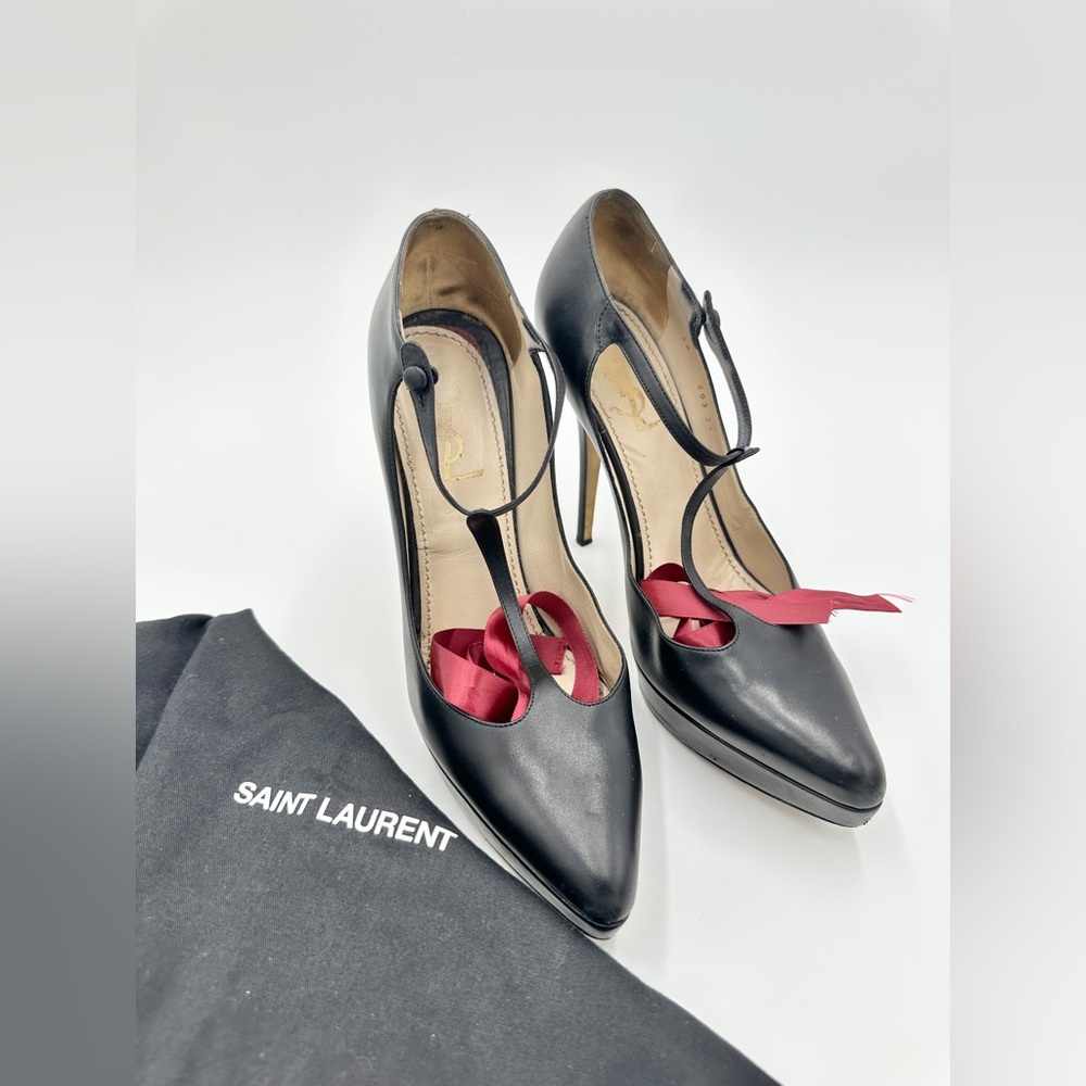 YSL Mary‎ Jane Pumps Black Leather 40 US 10 Yves Saint Laurent Heels Rive Gauche